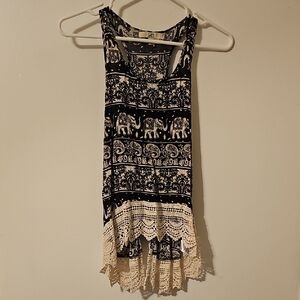 Black & White Elephant Print Crochet Hem Tank Top